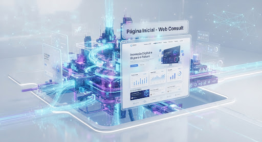 Visualização 3D futurista de estrutura digital com cabos de fibra óptica e interfaces translúcidas
