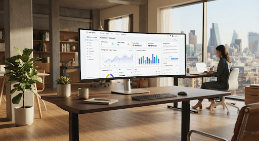 Dashboard minimalista em monitor ultra-wide — projeto FinTech Pro