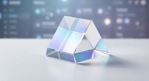 Prisma de vidro refletindo tons de roxo, azul e branco — clareza e precisão técnica
